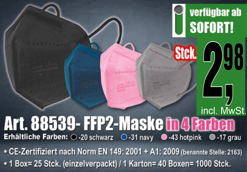 Mund und Nasenschutz. Zertifizierte FFP2 Masken in verschiedenen Farben für Ihren optimalen Schutz und als modische Behelfsmaske.