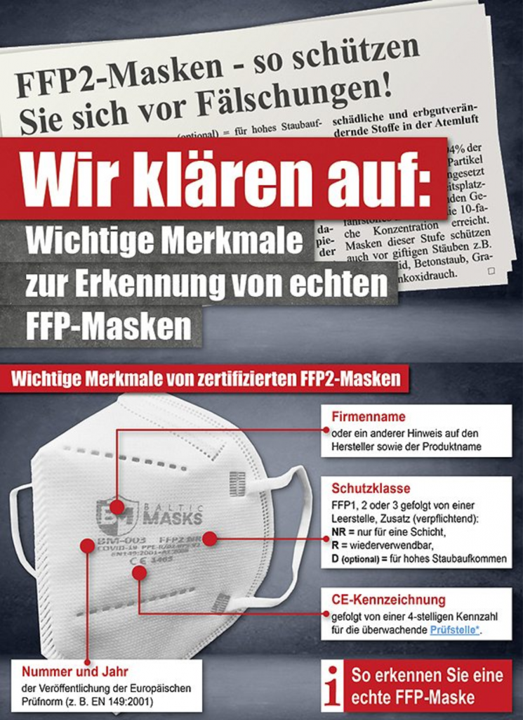 So erkennen sie eine echte FFP2 Maske. Diese können wir für Sie auch bedrucken.